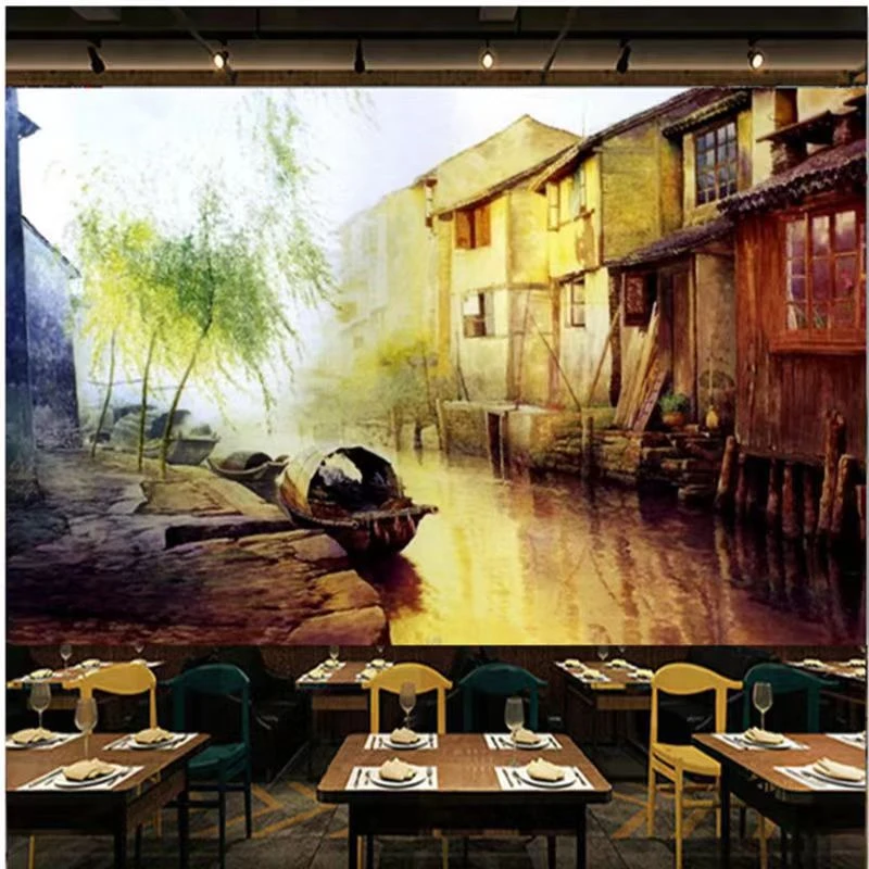 新中式江南水乡风景画餐厅背景墙布饭店包间水墨山水3D壁画非墙纸