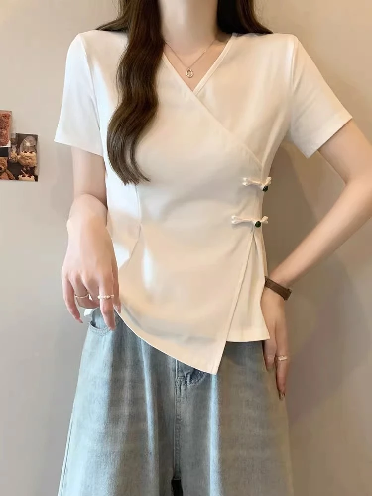 大码遮肚子藏肉不规则盘扣正肩短袖t恤女微胖妹妹显瘦开叉上衣夏