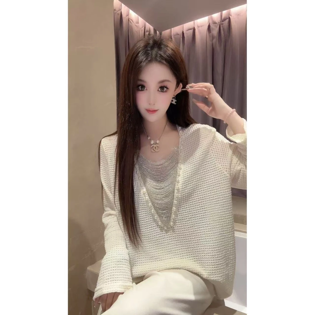 JY&JY橙子大大【一束月光】重工钉珠链条针织衬衫上衣 16509