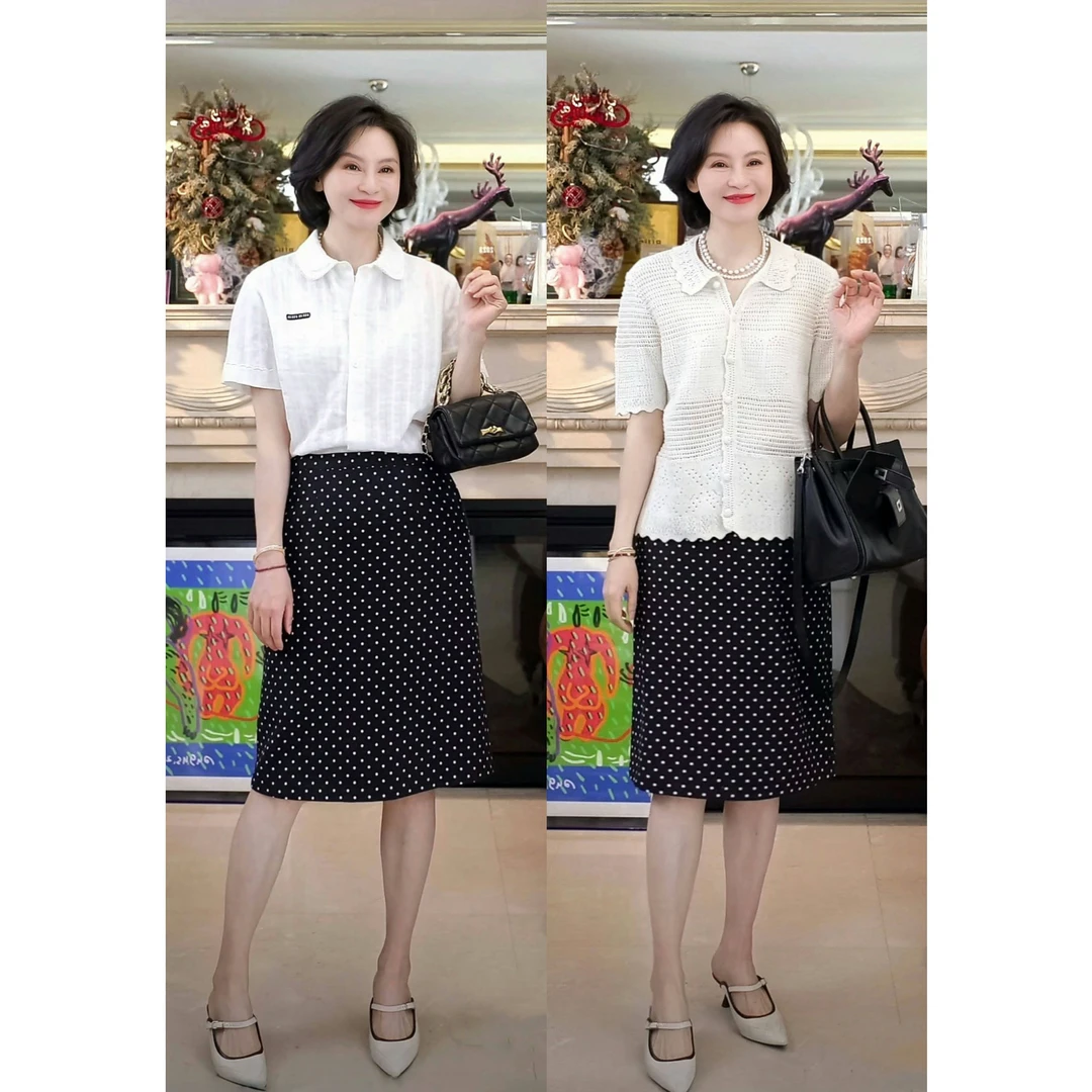 我是摩羯波点探戈 亚麻莱赛尔印花春夏小A型波点半裙