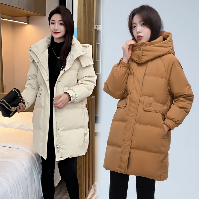 时尚炸街中长款棉服女冬季新款连帽遮屁股保暖修身显瘦棉衣外套