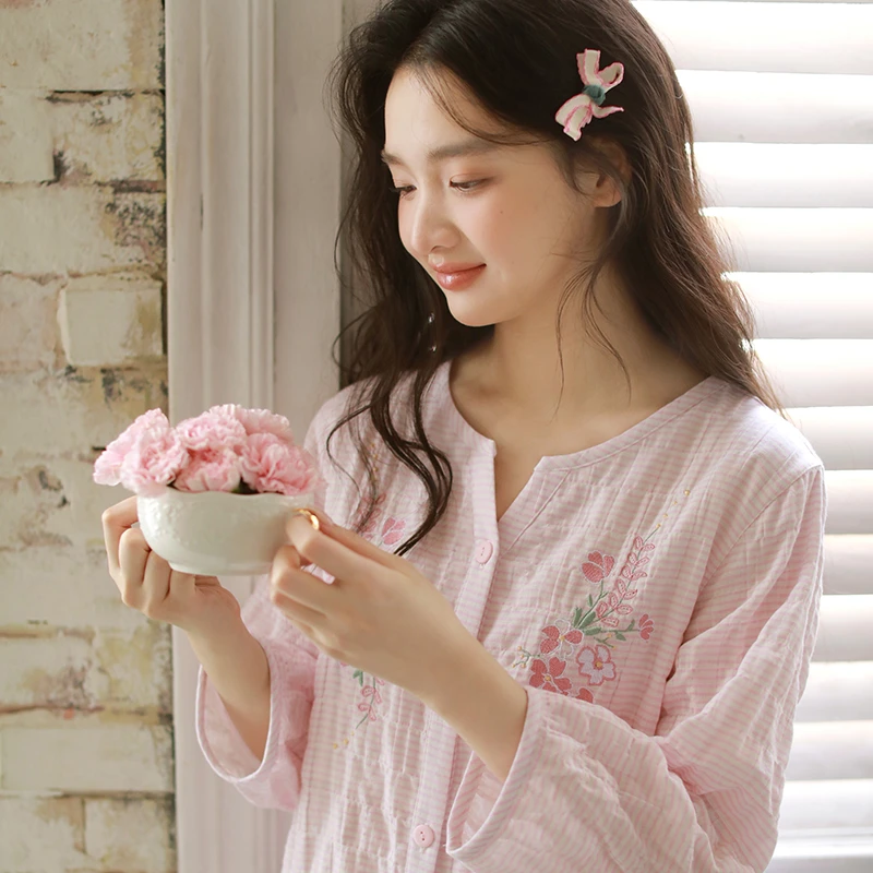 春夏纯棉女士睡衣双层绉纱慵懒风女七分袖长裤宽松家居服套装