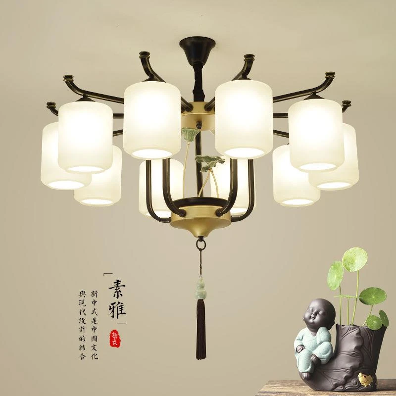 新中式吊灯客厅灯具创意玻璃莲花中国风8头禅意仿古餐厅卧室灯具