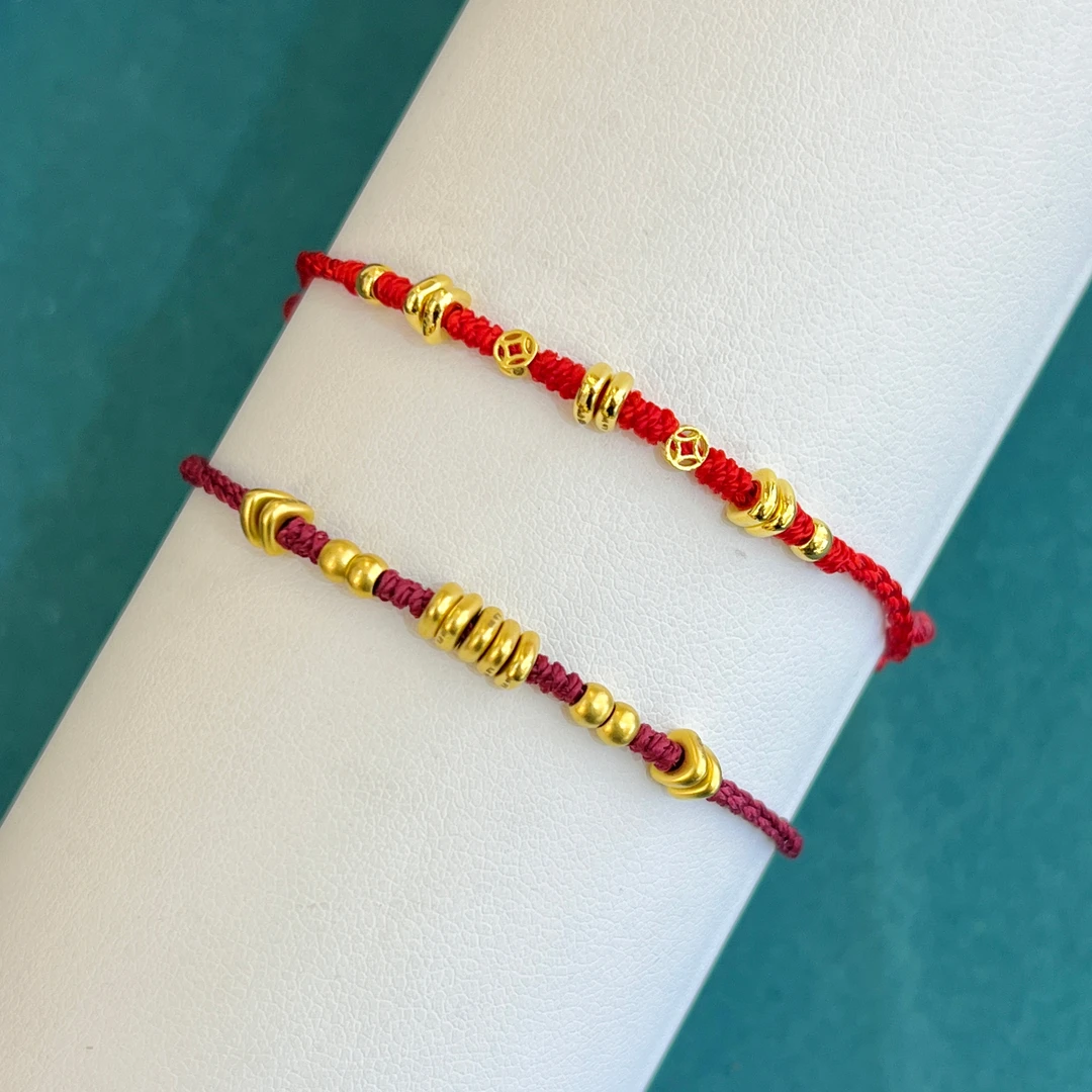 足金999黄金碎碎金 转运珠 迷你小钱币 好运手工编织手绳