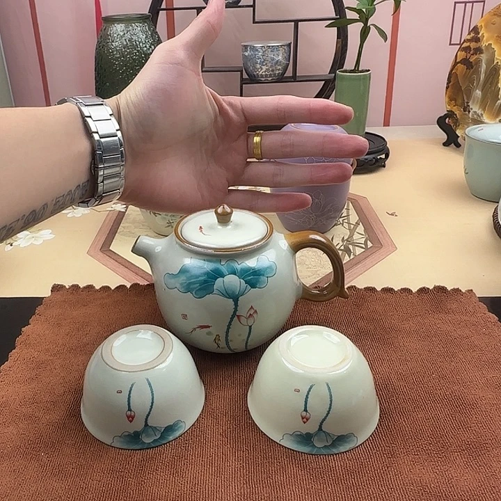 汝窑开片荷花泡茶壶一壶两杯