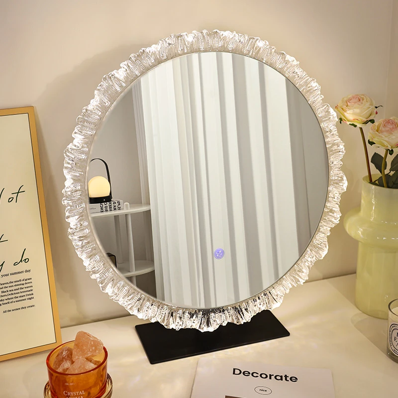 欧式台式化妆镜带补光灯主卧梳妆镜三色调光氛围灯水晶发光圆镜子