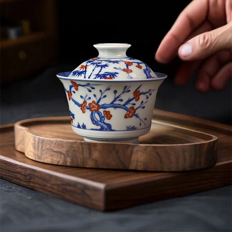 景德镇青花釉里红松竹梅二才盖碗不烫手陶瓷泡茶碗中式家用茶具
