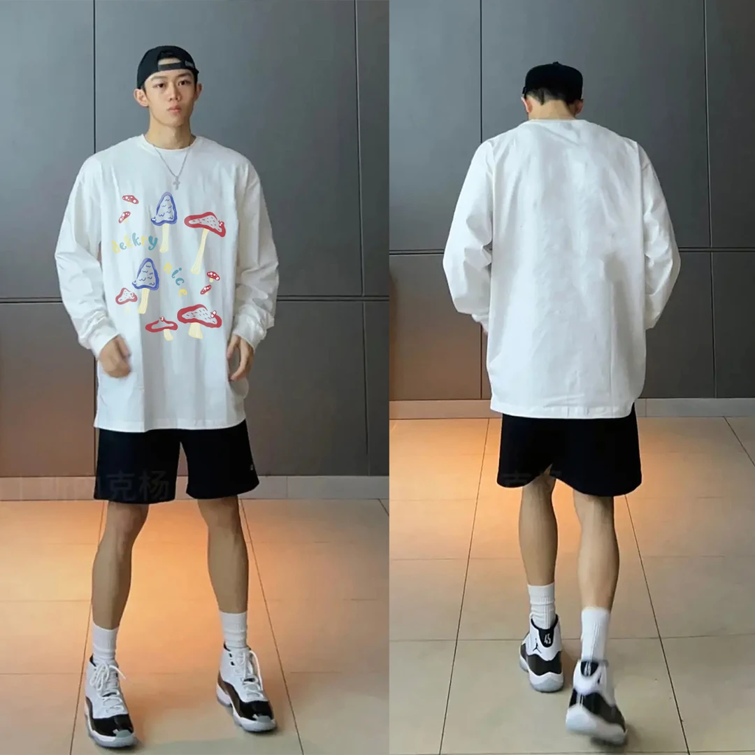 秋冬创意蘑菇印花圆领长袖t恤男女美式休闲百搭情侣宽松百搭上衣