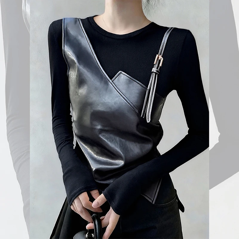 大码胖mm黑色pu皮拼接假两件长袖T恤打底衫女秋冬小个子修身上衣