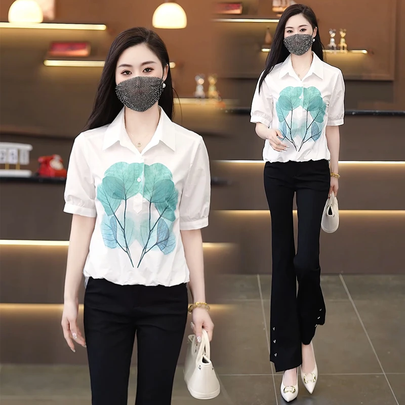 拉夏贝尔 漂亮短袖夏印花衬衫女2025开春新款不对称下摆上衣中袖