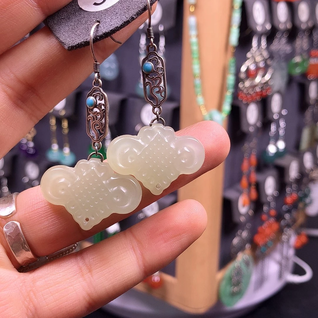 银S925镶嵌和田玉耳饰