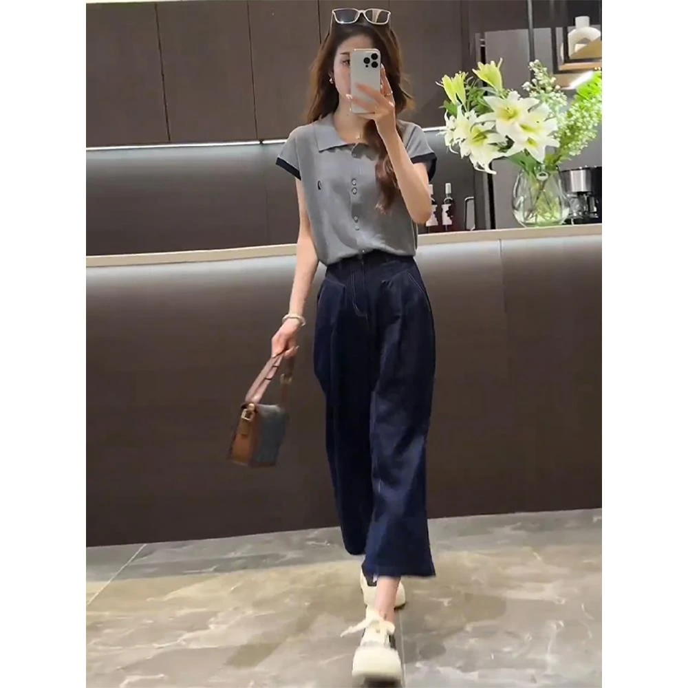 小个子减龄穿搭一整套2025新款夏季女装套装短袖上衣阔腿裤两件套