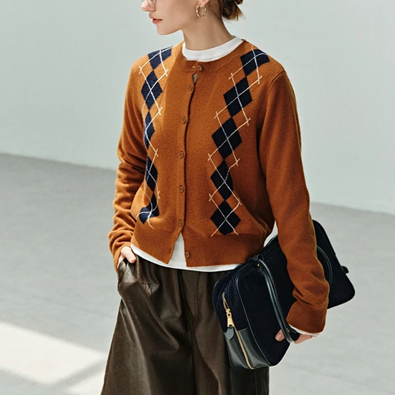 全羊毛Miu系菱格提花针织开衫女25秋新款老钱慵懒感复古圆领毛衣