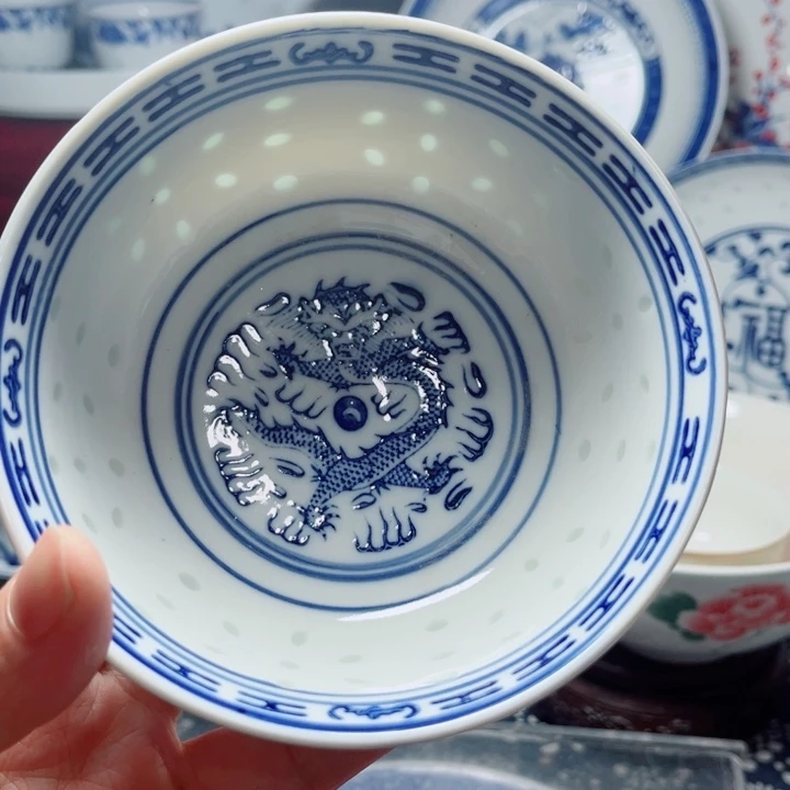青花玲珑5寸饭碗龙纹
