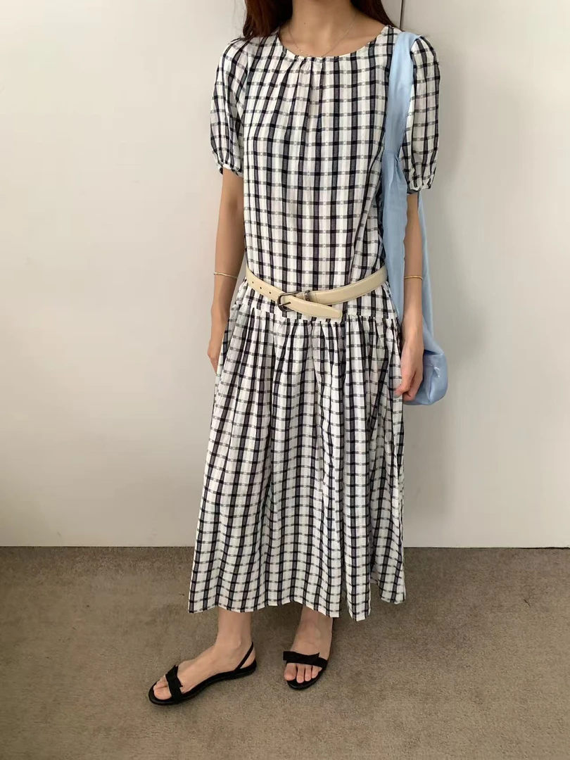 anna@653481 韩系小众格子气质后背镂空设计连衣裙