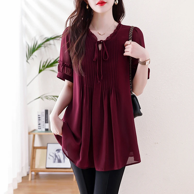 2025夏季新款大码女装遮肚显瘦胖MM设计感小众减龄短袖洋气雪纺衫