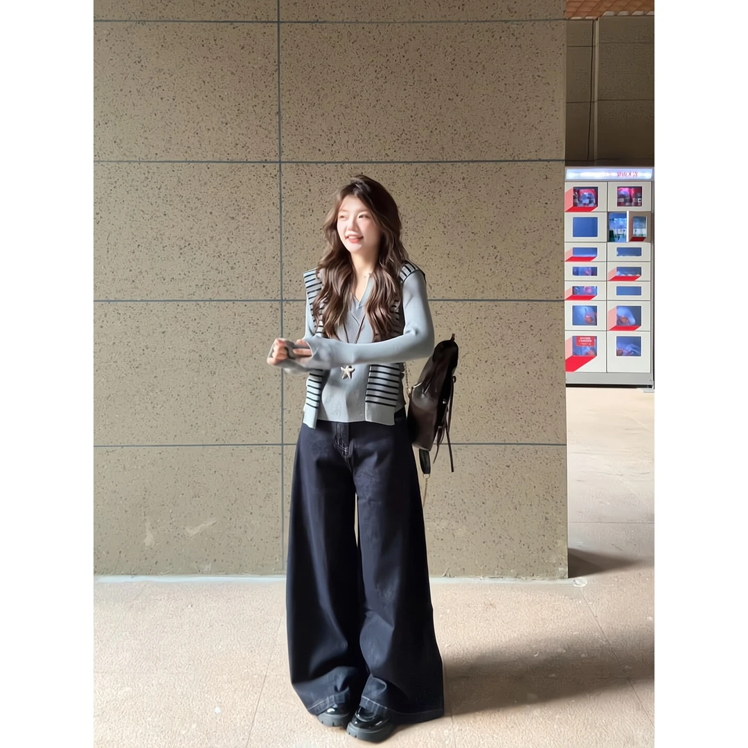 韩系学院风条纹披肩长袖针织衫两件套上衣直筒宽松阔腿裤牛仔裤女