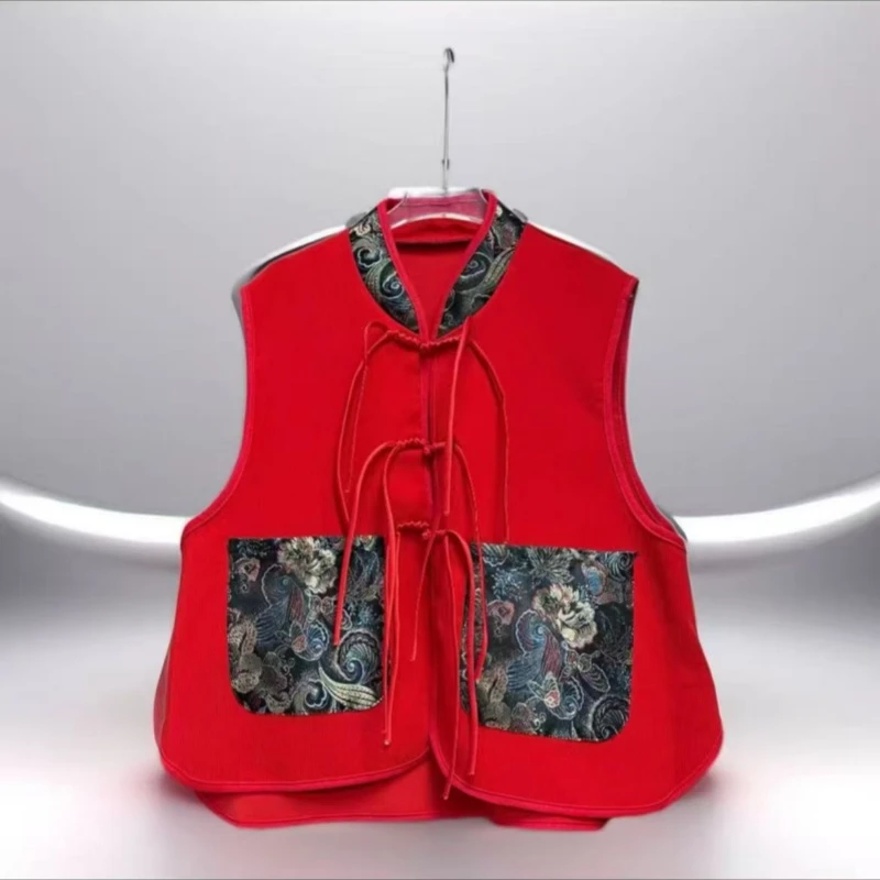 新中式国风盘扣提花马甲女刺绣拼接显瘦洋气红色马夹外套背心坎肩