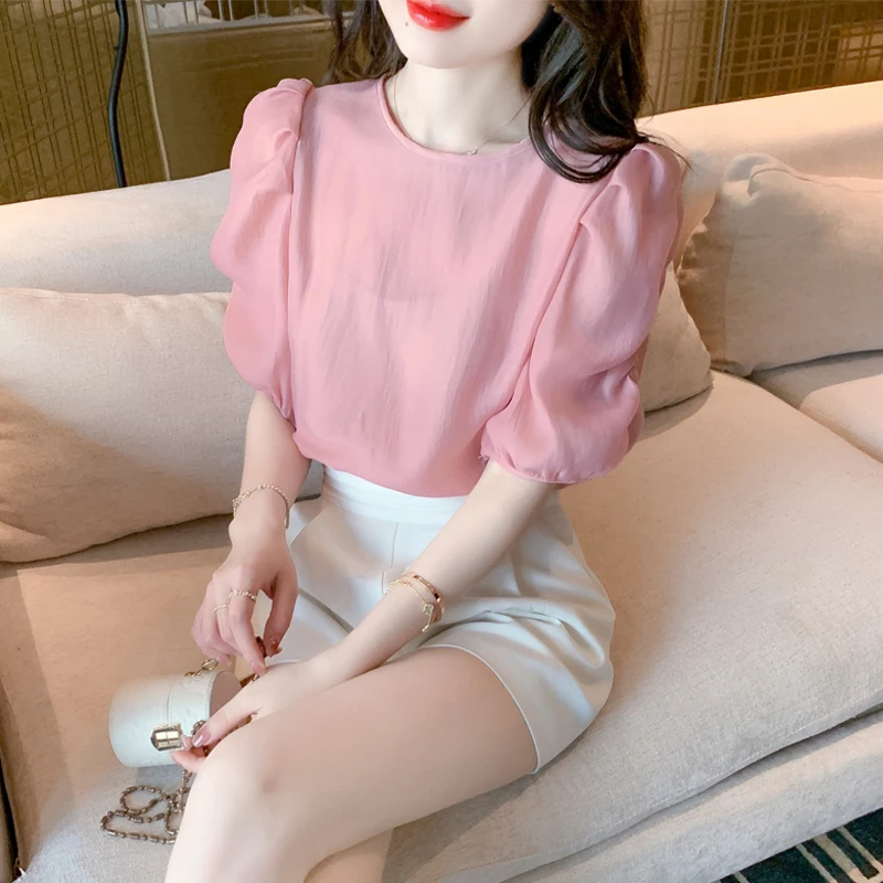 2025夏季新款泡泡袖圆领气质短袖上衣温柔雪纺衫衬衫小衫女设计感