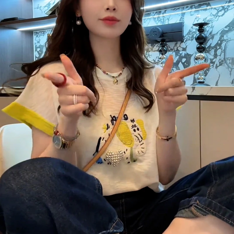 小个子减龄显瘦短袖针织衫女2025年夏季新款圆领拼色打底衫上衣潮