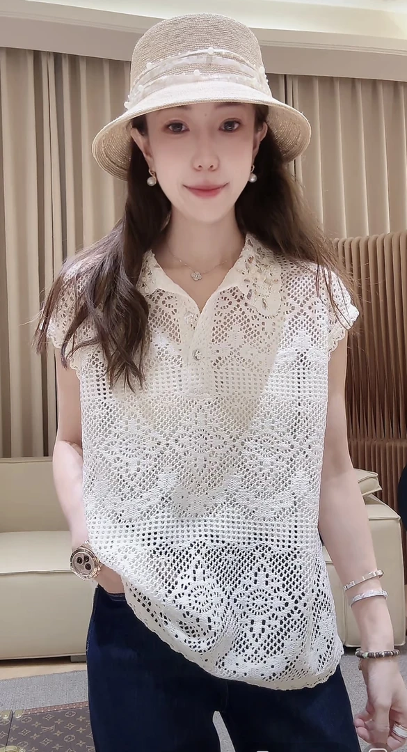 DEDM•STUDIO/精致小众串珠翻领镂空无袖显瘦背心上衣2504BX/4327