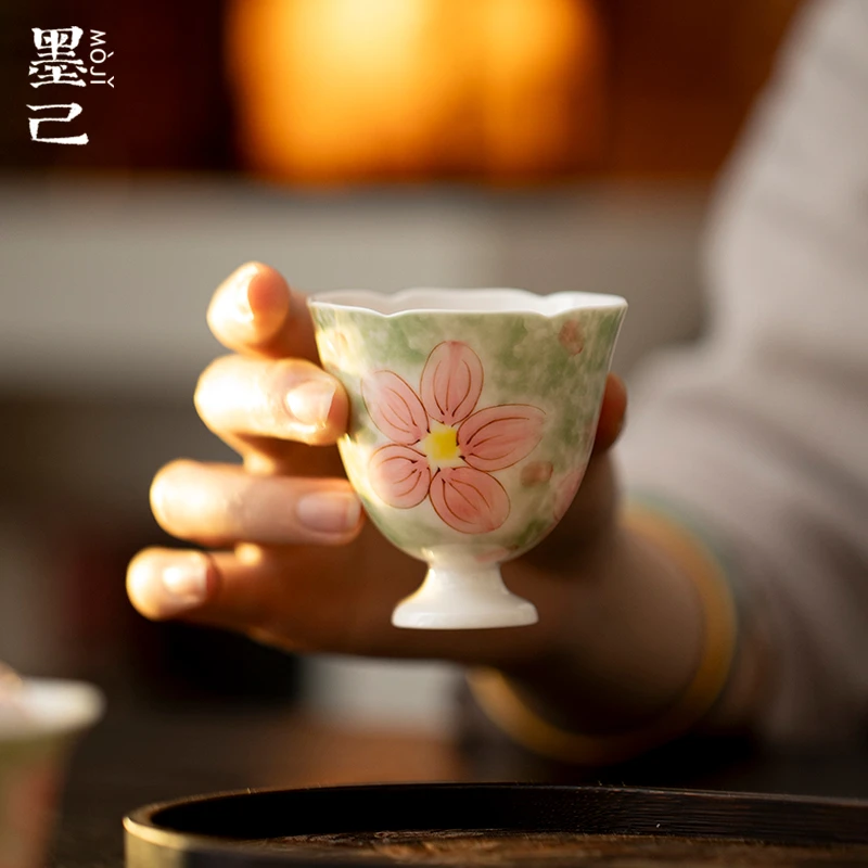 墨己玉泥手绘莫奈花园高足花口茶杯子功夫茶具治愈系家用品茗杯