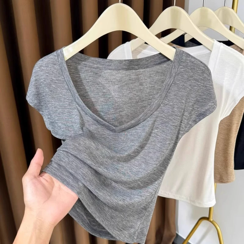 短款超薄V领针织插肩短袖女上衣2025新款大领口打底衫冰丝面膜t恤
