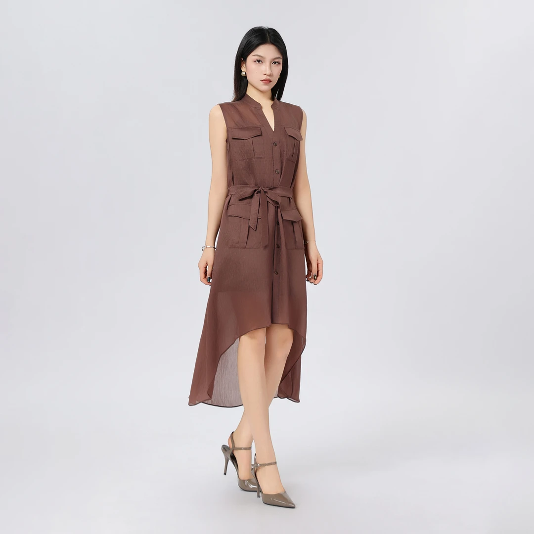 GIRDEAR/哥弟新款立领无袖中长款连衣裙法式收腰高级感衬裙130059