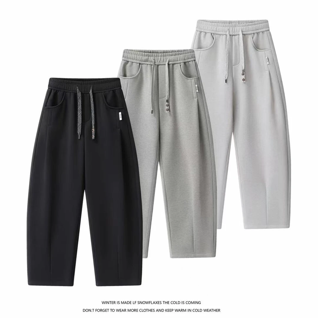 2025冬季新款立体裁剪加绒加厚抽绳纯色垂感宽松百搭直筒休闲裤男