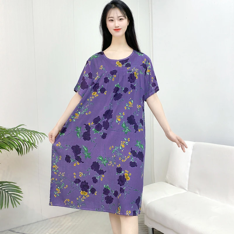 2025新款夏季短袖棉绸睡裙女大码中长款莫代尔可外穿家居服(Y161)