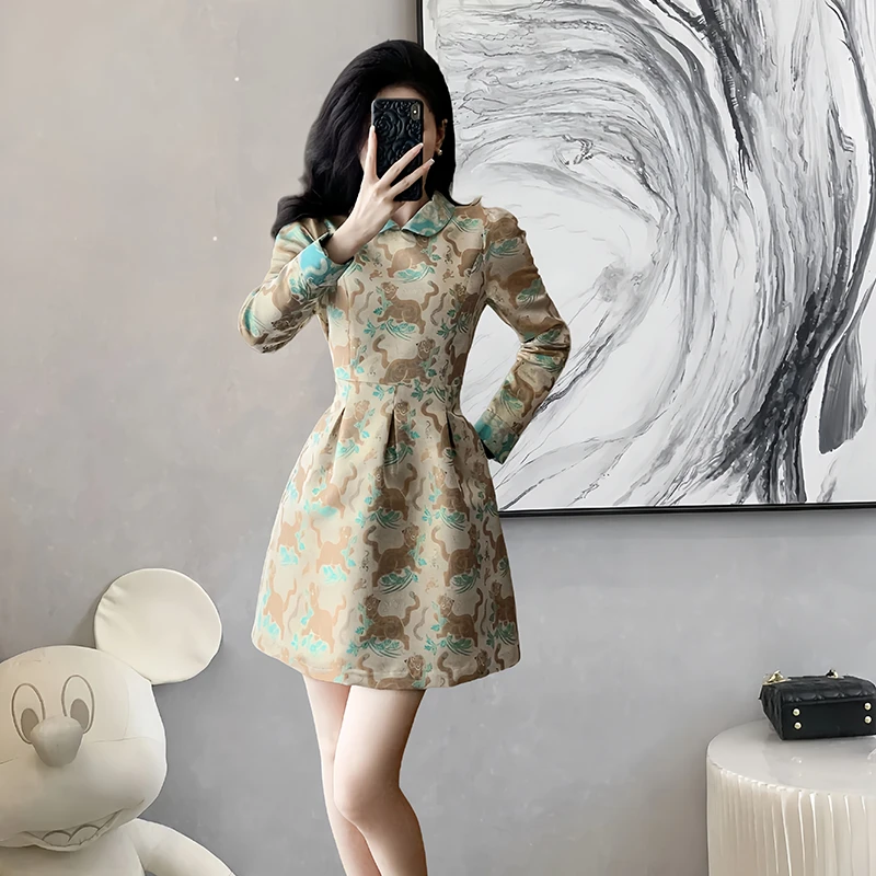 新中式改良旗袍连衣裙2025秋季新款小个子气质收腰复古印花A字裙