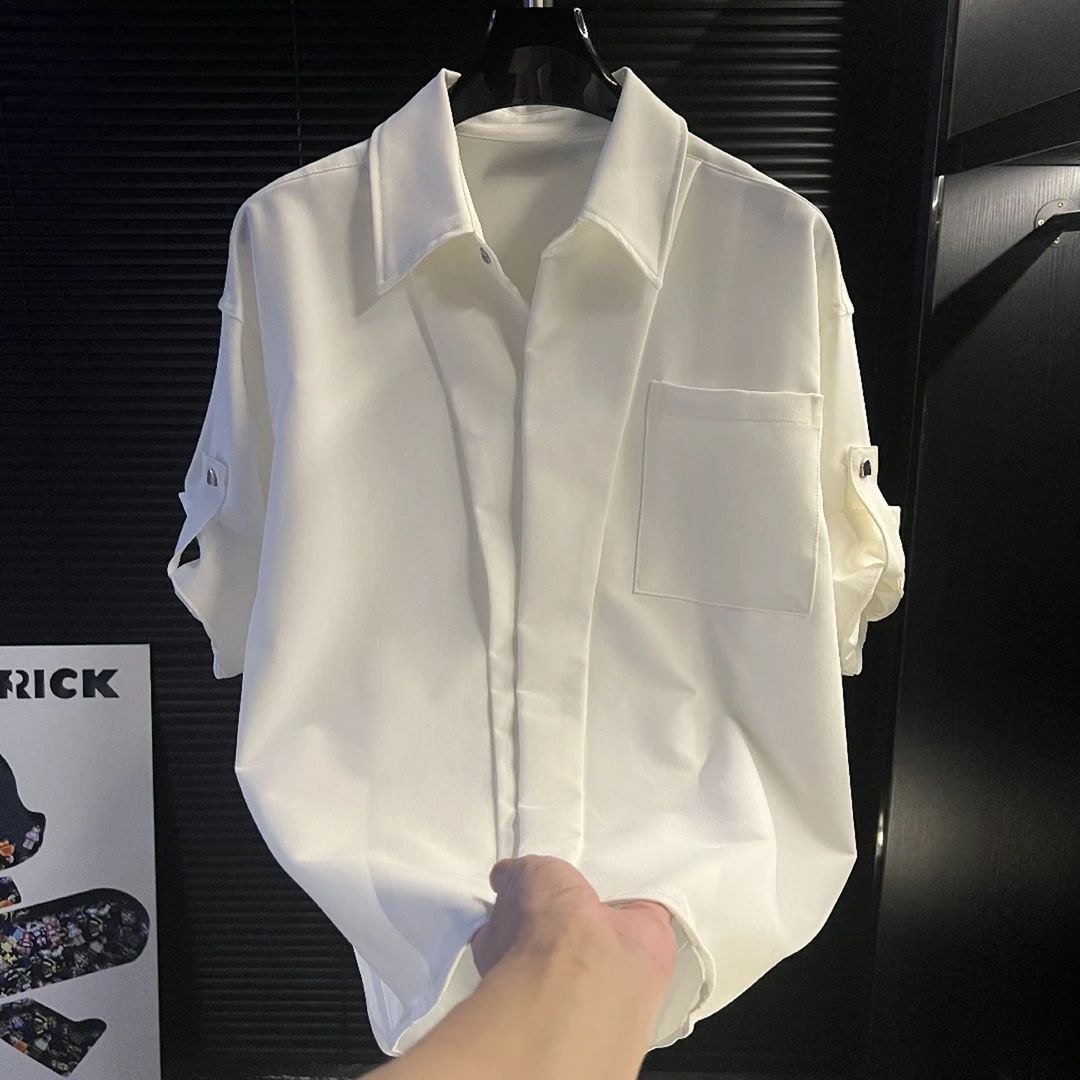 港澳男装修身夏季衬衣高级感痞帅休闲白色衬衫短袖上衣