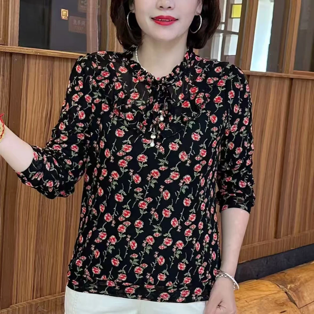 秋季新款碎花网纱打底衫长袖大码显瘦遮肚洋气减龄妈妈装修身衬衫