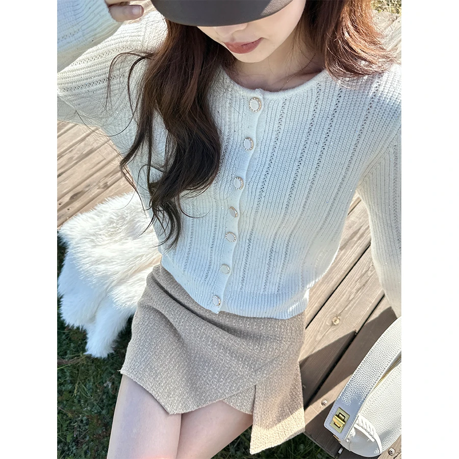 CHICHEN/晨妍 《亮丝小香》华夫格小香秋季高腰短款 A字半身裙裤