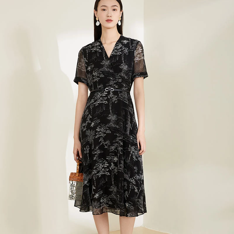 DI SETA桑蚕丝V领收腰印花连衣裙睡裙