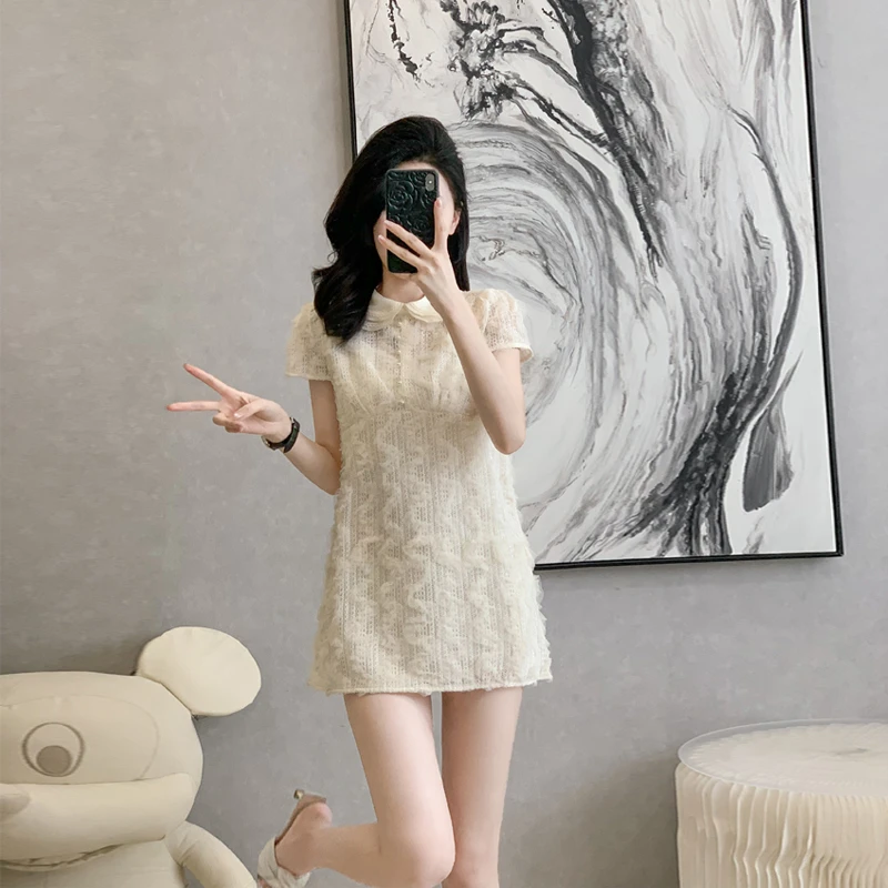 夏季法式短款娃娃领宽松显瘦连衣裙女复古小个子甜美少女蕾丝裙子