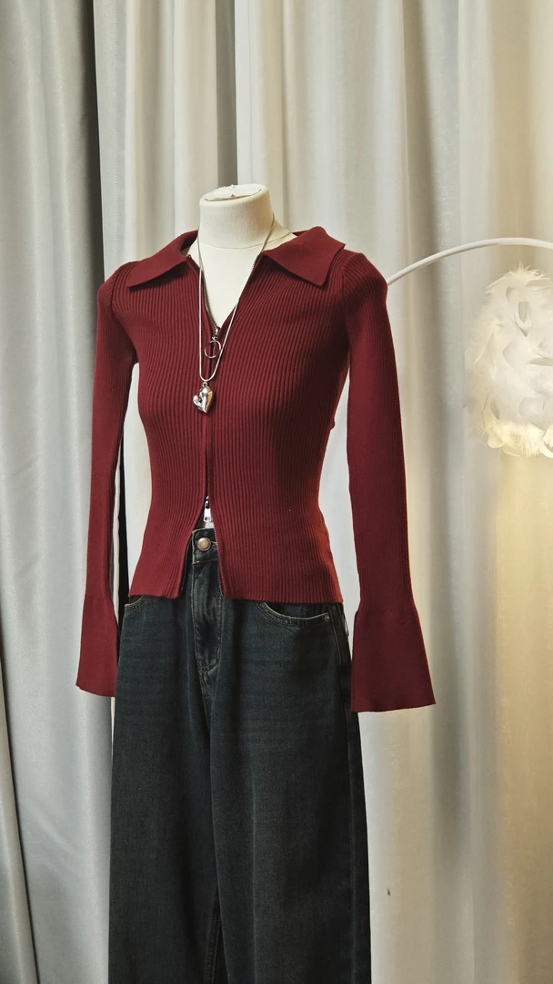 法式翻领拉链长袖修身针织开衫外套上衣 3006