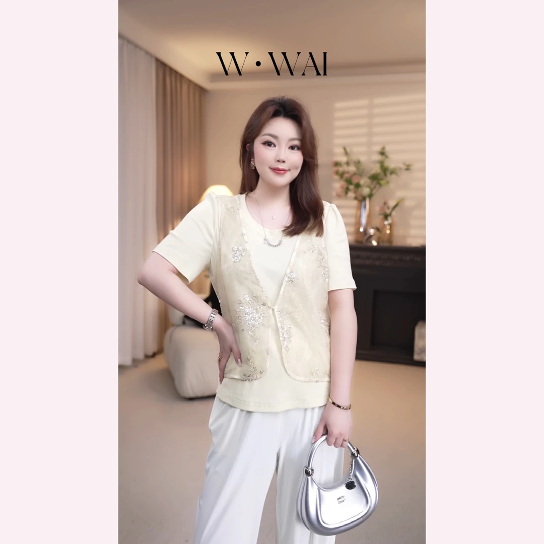 【月亮湖】显瘦棉感假两件绣花马甲百搭T恤 X52S503