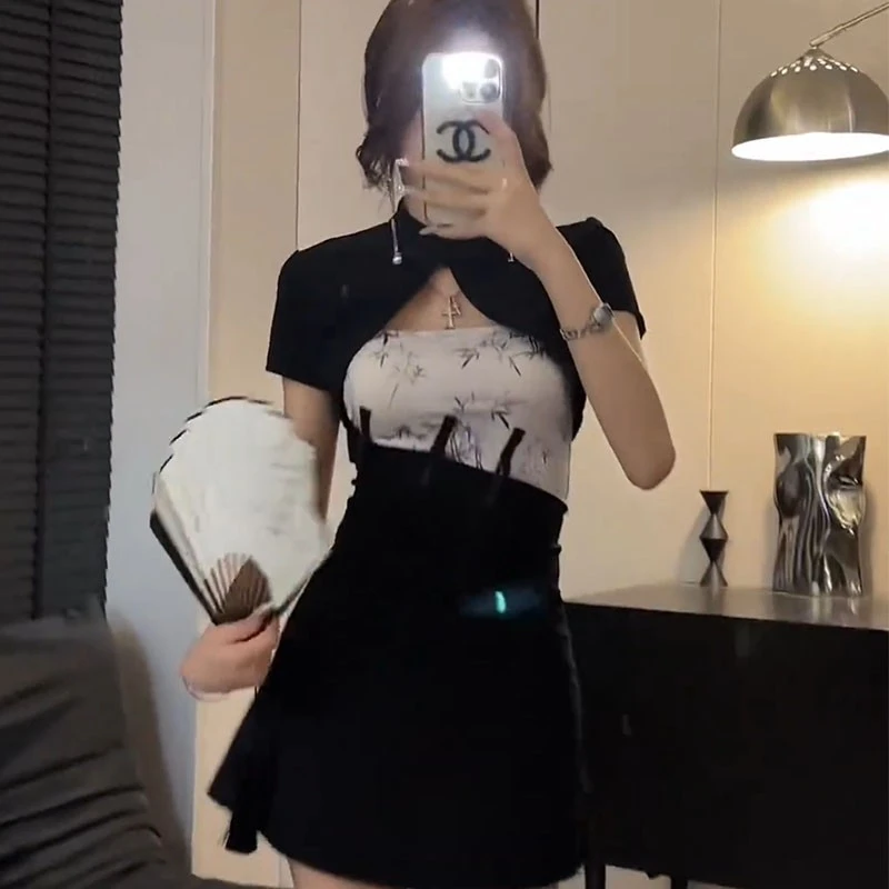 新中式国风墨竹改良吊带连衣裙女2025夏季新款连衣裙+短袖罩衫潮