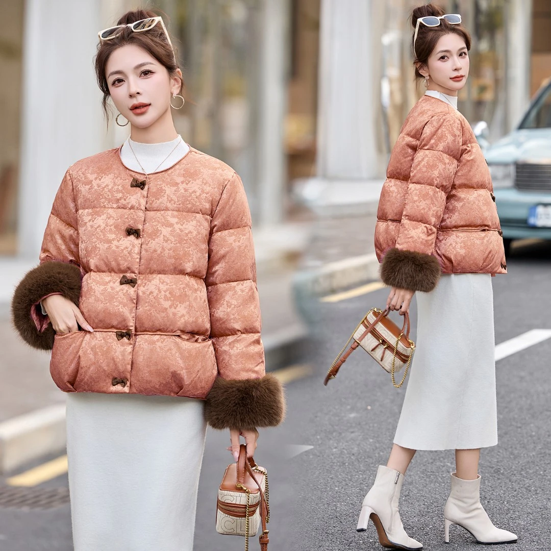 新中式国风羽绒服女冬季小个子高级感复古提花时尚洋气白鸭绒外套