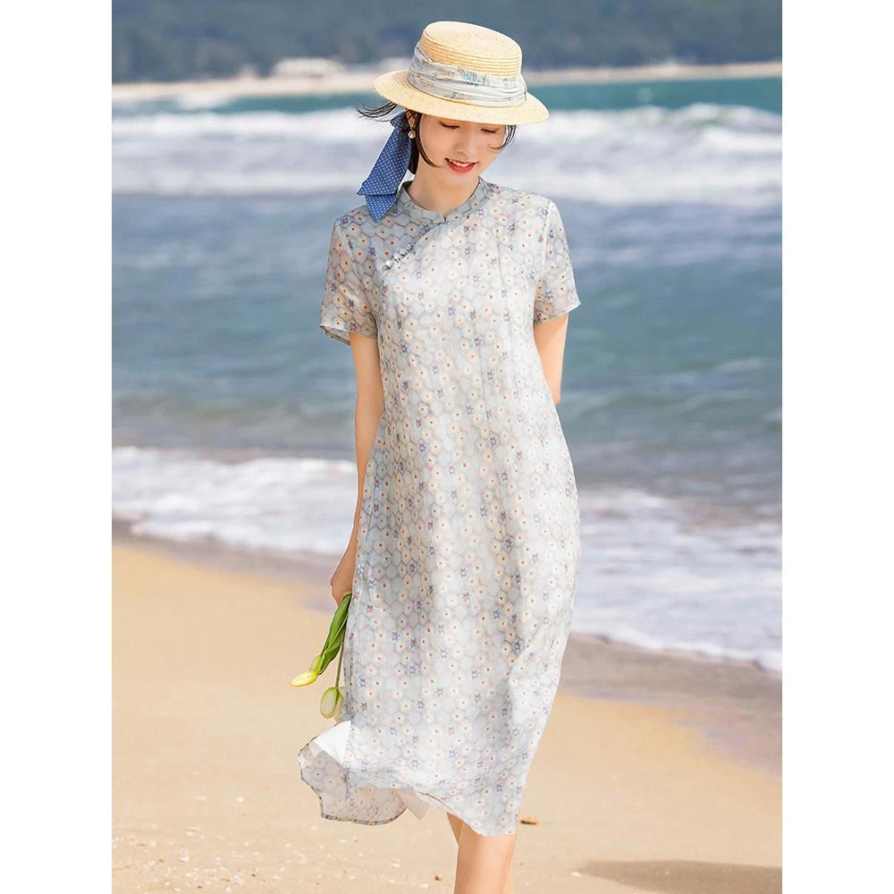 气质新中式棉麻旗袍改良版2025新款夏季苎麻碎花连衣裙女高端薄款