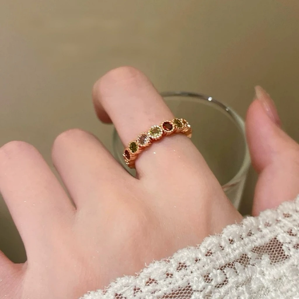 黄铜锆石戒指 H10小众彩虹戒指开口可调节高级轻奢时尚个性款指环