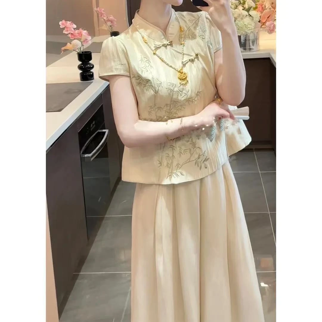 睡衣女夏季新款中国风法式复古风立领盘扣竹子刺绣宽松显瘦气质