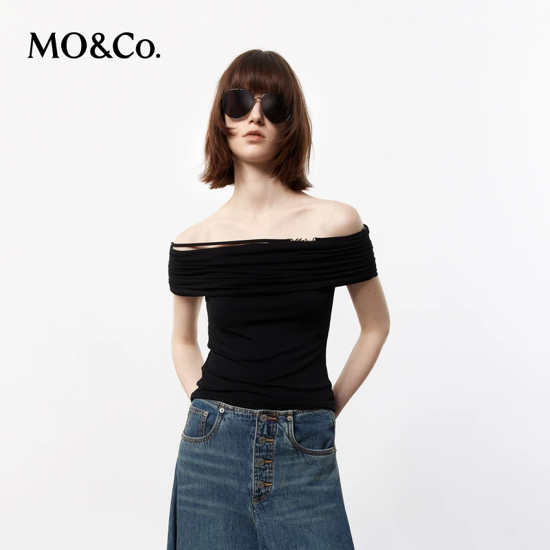 MOCO夏弹力莫代尔翻折捏褶修身一字肩短上衣MBD2TOP023