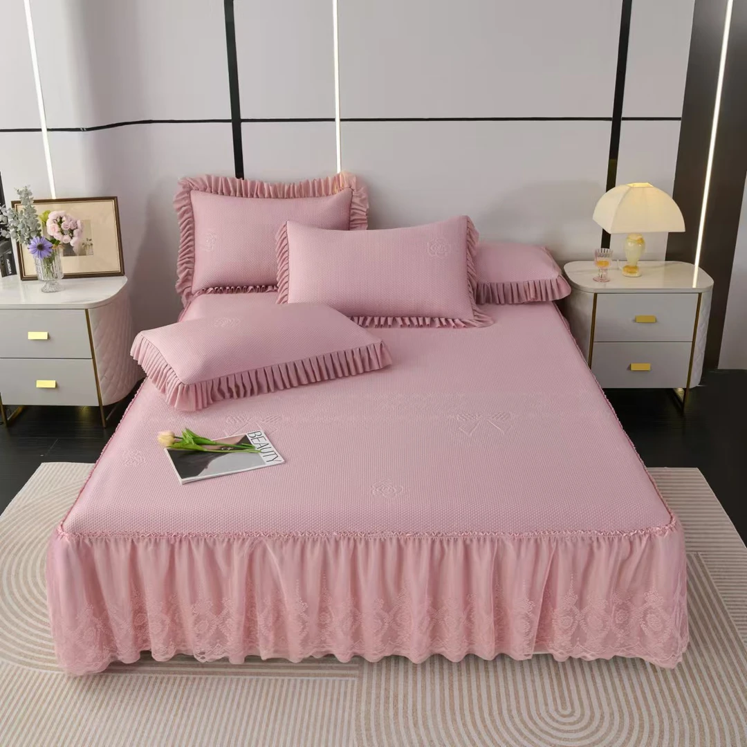 蝶恋-凉感冰丝席三件套新款夏季可机洗软席子蕾丝绣花床裙款凉席