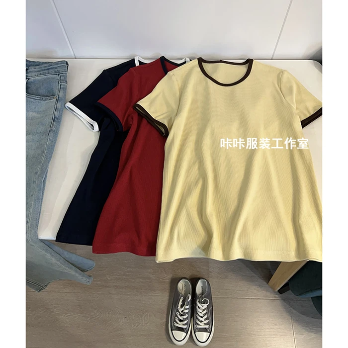 REKAYYAT“灵动”简约青春时尚减龄色彩小众设计感撞色圆领短袖T恤