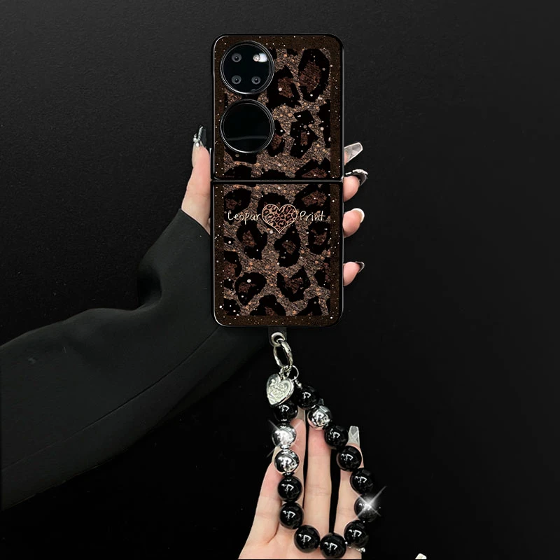 适用华为p50pocket手机性感豹纹小羊皮折叠壳全包简约保护套