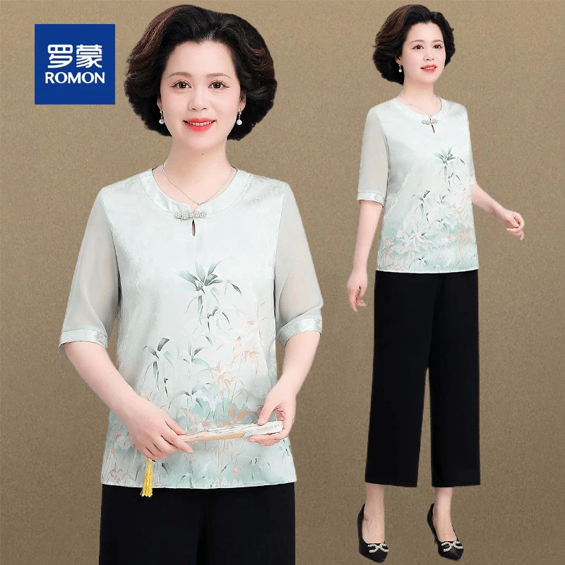 罗蒙母亲节中老年人妈妈夏装国风印花小衫薄款沙袖气质T恤套装女
