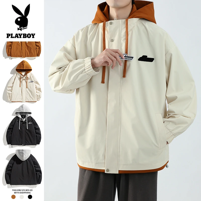花花公子港风潮流假两件休闲男外套秋季宽松拼接复古连帽防水冲锋