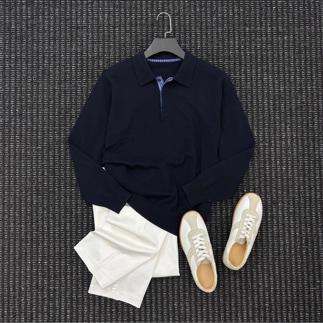 There isrice秋冬商务保暖休闲线衣男士翻领针织修身毛衣男羊毛衫